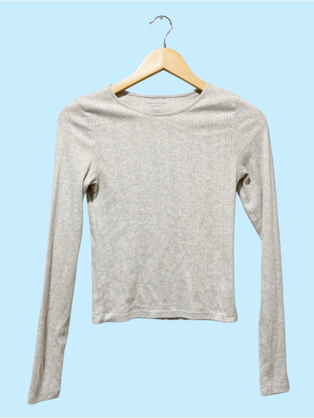American Eagle Outfitters Ribbed Long-Sleeve Crewneck Top - Light Gray